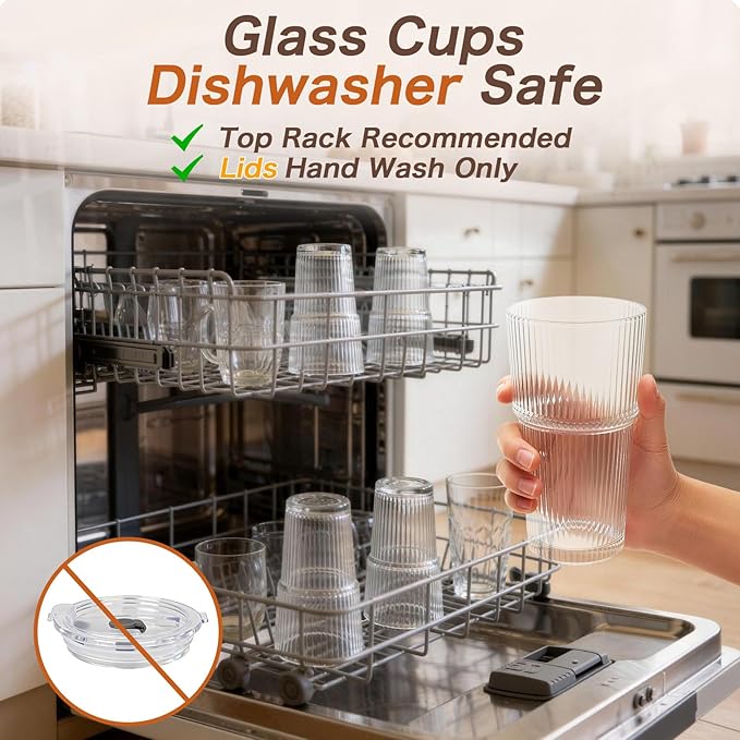 20oz Glass Tumblers with Lids and Straws, Set of 4, Reusable Iced Coffee Cups, Vintage Drinking Glasses, Ribbed Glassware for Cocktail Beer, Juice, Home, Office, Party Gifts, Dishwasher Safe