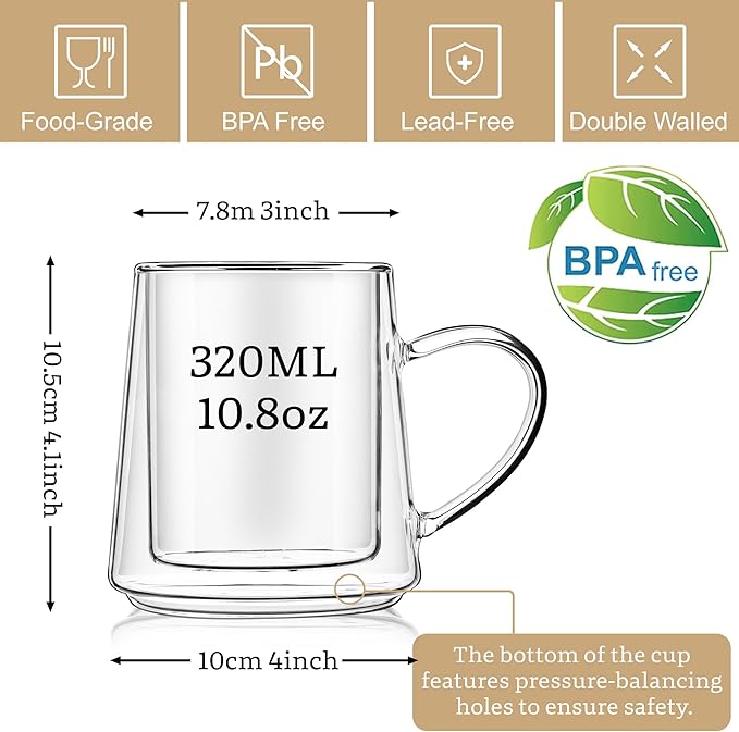 Joeyan 10.8oz Double Wall Glass Coffee Mugs Set of 2, Insulated Clear Glass Coffee Cups with Handle, Thermal Two Layer Latte Mugs for Hot Cold Drinks, Glassware for Coffee Tea Cocktails Espresso Beer