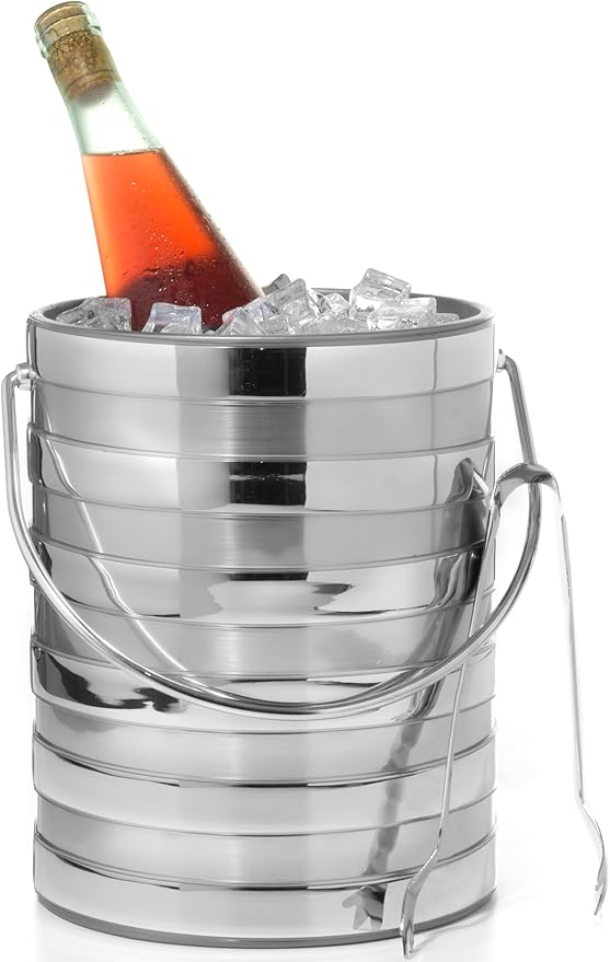 Made In USA Metallic Deco Collection Double Walled Insulated Ice Bucket With Ice Tongs (5-Quart, Silver Stripes)