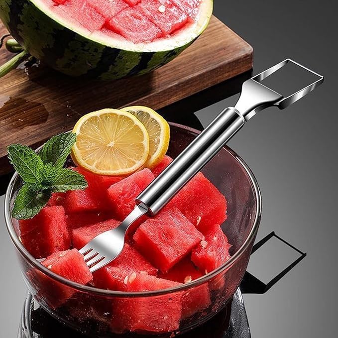 2-in-1 Watermelon Slicer & Fork, Watermelon Fork Slicer Cutter, Stainless Steel Fruit Cutter Tool for Watermelon, Mango, Pitaya,Portable for Camping, Picnics, Home, Parties (Sliver)