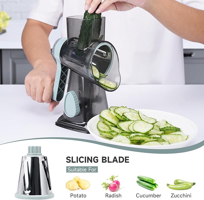 Cheese Grater Hand Crank, Manual Cheese Shredder with 3 Interchangeable Blades, Rotary Cheese Grater with Strong Suction Base, Easy to Use and Clean, GreyBlue