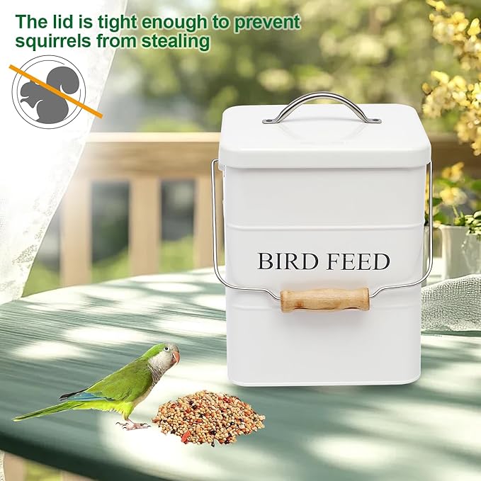 Bird Seed Storage Container Airtight,5~6LB Metal Bird Food Container with Scoop,Wild Birds Feed Tin for Storing Sunflower Seed-Ideal for Outdoor or Indoor-Squirrel proof -White