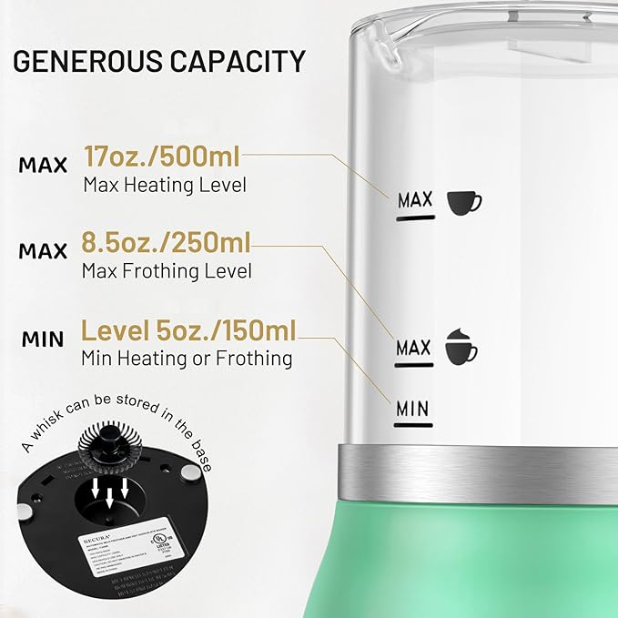Secura Detachable Milk Frother and Steamer, 17oz Electric Milk Warmer 4-in-1 Hot/Cold Foam Maker, Teflon-Free and Non-Stick Coating-Free Glass Milk Jug, Dishwasher Safe for Hot Chocolate (Green)