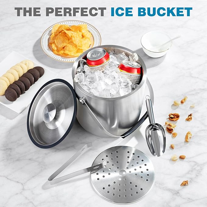 FrutPunch 4L Ice Bucket with Lid, Scoop, Tongs and Strainer, Double Wall Stainless Steel Ice Buckets for Parties, Cocktail Bar, Chilling Wine, Champagne, Large Outdoor Champagne Ice Container