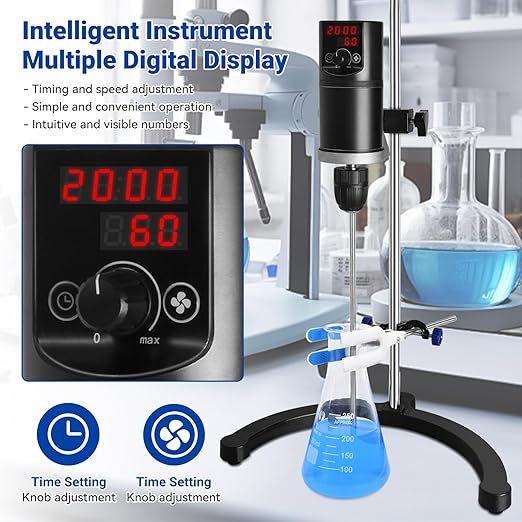 Vevitts Electric Overhead Stirrer LCD Digital Lab Mixer Time and Speed Adjustable Stirring Lab Mixer 100-2000RPM 20L Electric Overhead Mixer