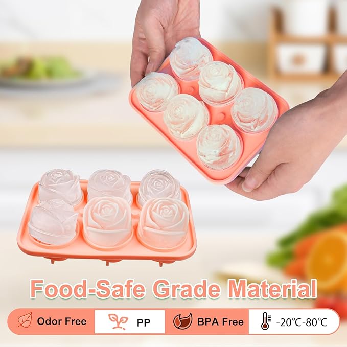 2 Pack 3D Rose Ice Cube Mold, Ice Cube Trays for Freezer with Lid, 6 Grid Silicone Easy Release Ice Trays, Rose Cute Ice Mold for Valentine's Day Gif, Date Drinks, Coffee, Whiskey, Cocktail (Pink)