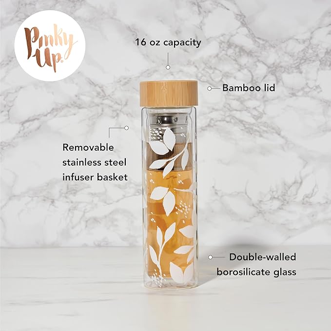 Pinky Up Blair Tea Infuser Mug with Strainer and Lid, Double Walled Glass Tumbler for Home Office, Travel, Picnic, Camping, 16 oz, Set of 1, Arabesque Gold