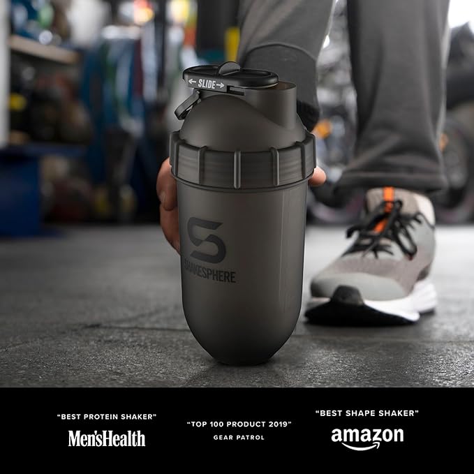 SHAKESPHERE Shaker Bottle - 24oz Leak Proof Protein Shaker Bottle for Pre Workout, Smoothie, and Powder Drink Mixes, No-Blade Mixer for Gym, BPA-Free, Easy Clean & Easy to Carry (Frosted Black)