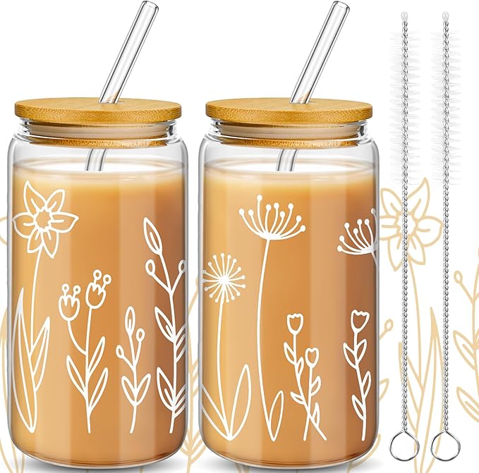 Mumufy 2 Pack Bridesmaid Gift Glass Cups, Cute Flower Mason Jars with Bamboo Lids & Straws, 16oz Iced Coffee Tumblers for Wedding, Bridal Party, Birthday, Mother's Day(Boho Flower)