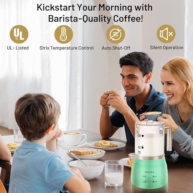 Secura Detachable Milk Frother and Steamer, 17oz Electric Milk Warmer 4-in-1 Hot/Cold Foam Maker, Teflon-Free and Non-Stick Coating-Free Glass Milk Jug, Dishwasher Safe for Hot Chocolate (Green)