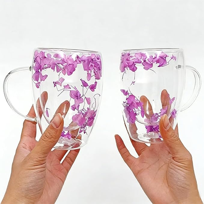 Viovian 13oz Double Wall Glass Coffee Mugs Set of 2 Insulated Glass Coffee Cups with Handles,Clear Dried Flower Tea Mug for Hot Beverages,Tea Cup Women Birthday Gifts