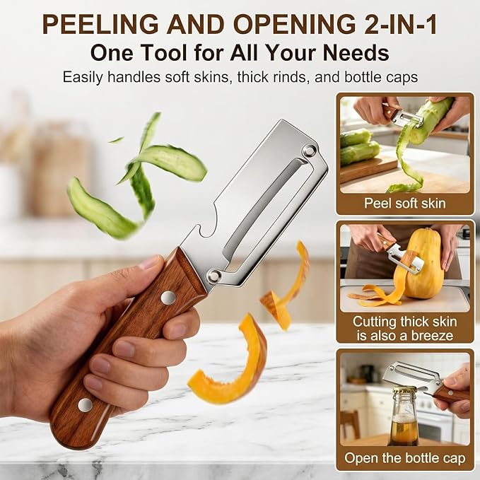 MultiFunctional Vegetable Peeler for Kitchen, Vegetable Peeler with Wooden Handle and Bottle Opener, 2-in-1 Stainless Steel Kitchen Peelers for Fruit Veggie Apple Potato Pumpkin Papaya(1PCS)