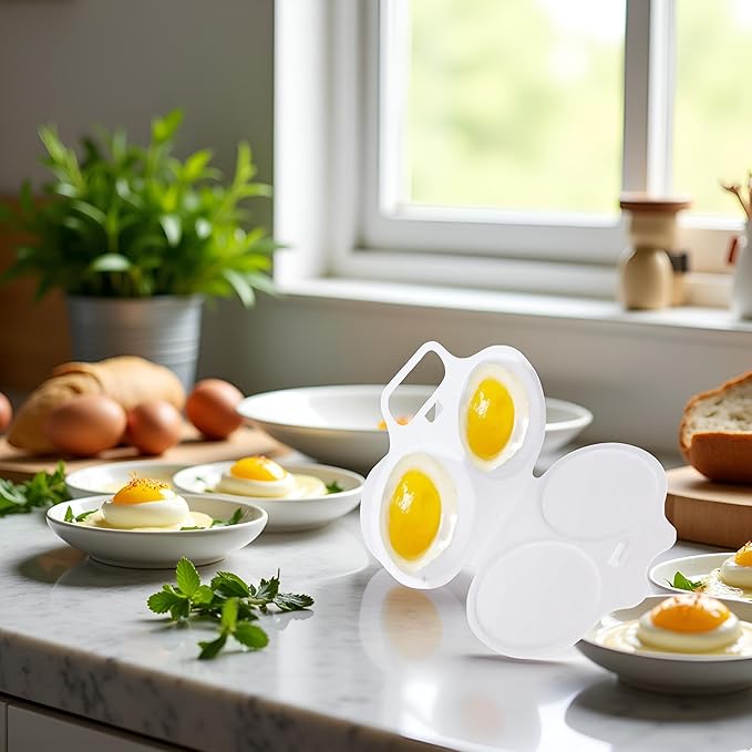 White Egg Poacher, Microwave Egg Boiler Poacher, Microwave Egg Poacher, 2 Cavity Nonstick Poached Egg Maker With Lid, Egg Cooker, Double Drain Poached Cups Specialty Cookware