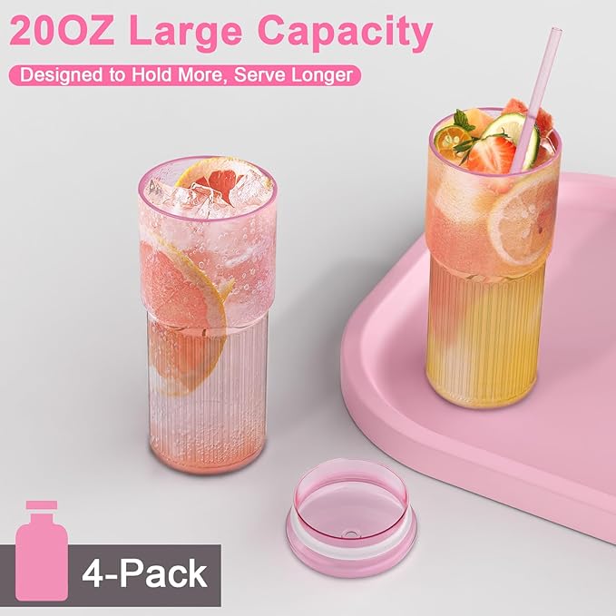 Luiaiog 20oz Glass Cups with Lids and Straws - Set of 4 Reusable Tumblers, Thickened Shatter-Resistant Glass, Ideal for Iced Coffee, Smoothies, Cocktails, Juices - Elegant & Durable Drinkware (Pink)