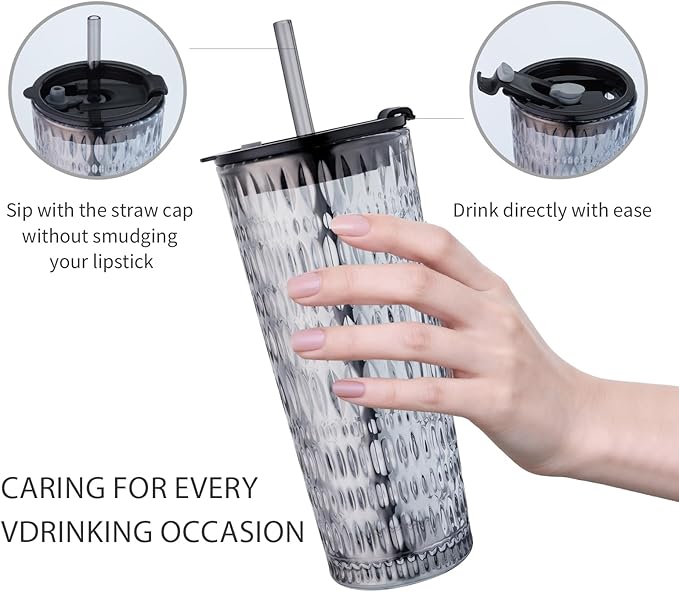 Puraville 2 Pack 18oz Glass Cups with Lids and Straws, Vintage Diamond Pattern Thickened Glassware for Whiskey Cocktail Beer, Mason Jar Drinking Glasses Tumbler Iced Coffee Cup, Black