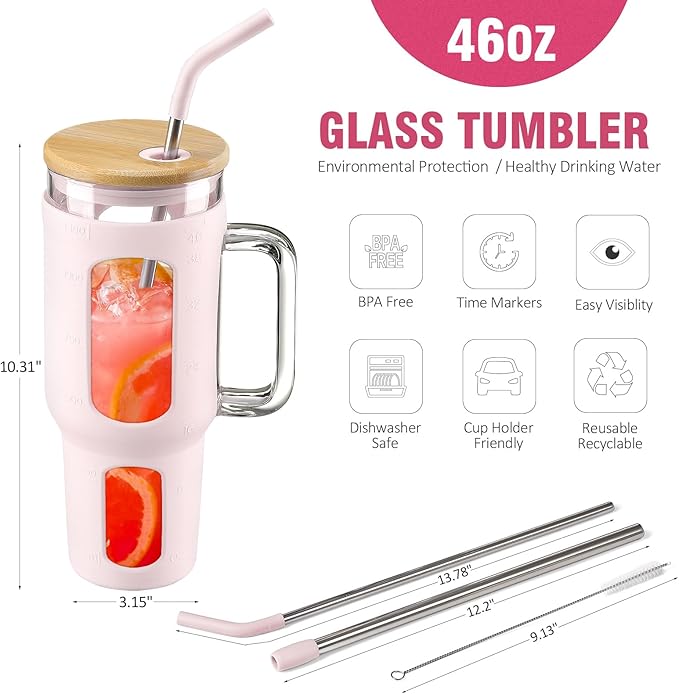 WINSA Glass Tumbler with Lid and Straw, 46 oz Iced Coffee Cup with Handle, Large Water Bottles with Silicone Sleeve, Glass Cup with Straws - Pearl Straw & Drinking Straw BPA Free-CottonPink