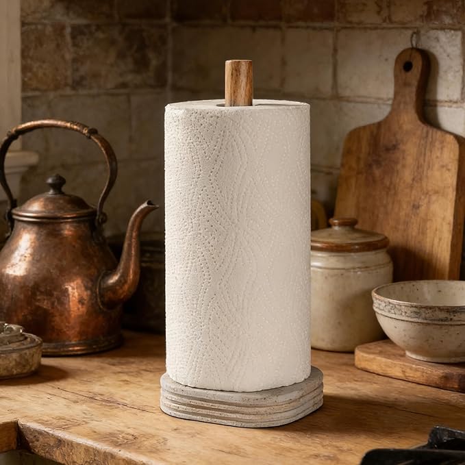 Natural Travertine Textures Standing Paper Towel Holder for Kitchen Countertop, Bathroom Toliet Paper Roll Holder with Weighted Base and Sturdy Wood Stand,for Standard or Plus Rolls, Height-Adjustable