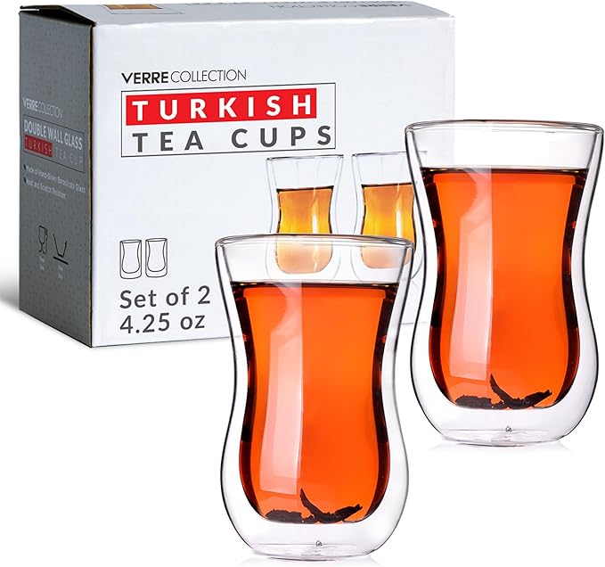 Verre Collection Turkish Tea Cups 4.25 oz, Lightweight Turkish Tea Glasses, Heat Resistant Double Wall Tea Cups, Insulated Turkish Tea Set of 2