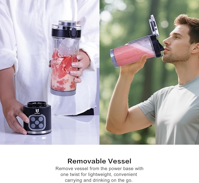 UTALENT Cordless Portable Blender, 25 oz removable Vessel, 700W Personal Blender, For-Smoothies, Ice Crush, 4 Programs, Leakproof-Lid & Sip Spout, USB-C Rechargeable, Dishwasher Safe Parts, Black