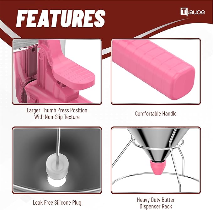 Stainless Steel Pancake Batter Dispenser, 40oz Batter Dispenser with Squeeze Handle, Great for Pancakes, Cupcake, Waffle or Any Baked Goods, Durable, Leak-Free, Paradise Pink