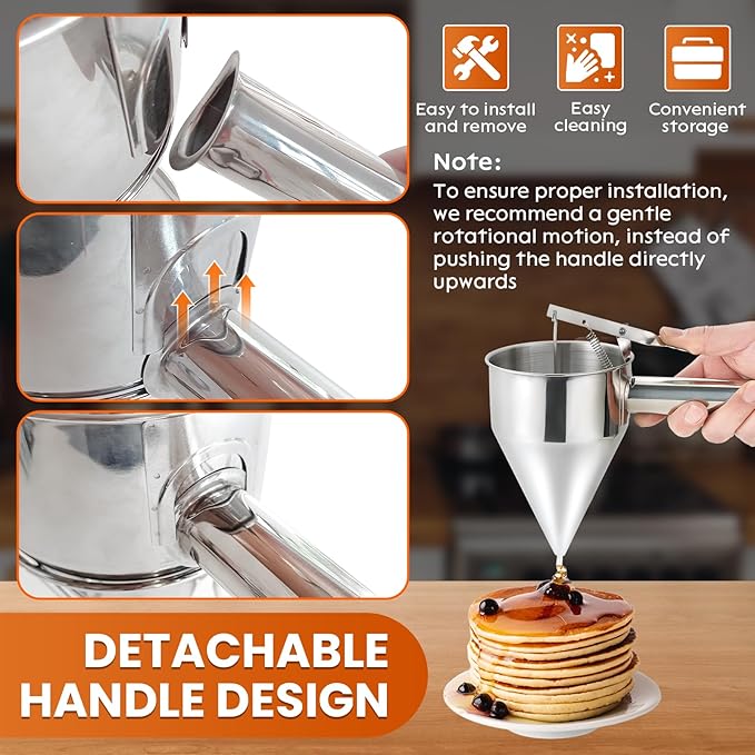 600ML/20OZ Stainless Steel Pancake Batter Dispenser, Piston Funnel Dispenser with Stand Detachable Handle for Takoyaki Baking Cake Desserts