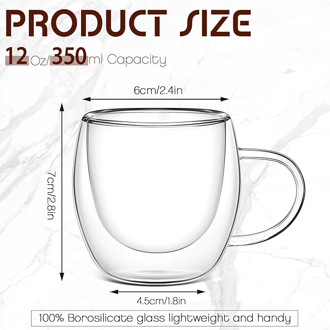 Gerrii Espresso Cups Double Walled Espresso Shot Glass with Handle Cups Insulated Clear Small Shot Glasses for Cappuccino Latte Hot Beverage (2.5 oz,Round Bottom,25 Pcs)