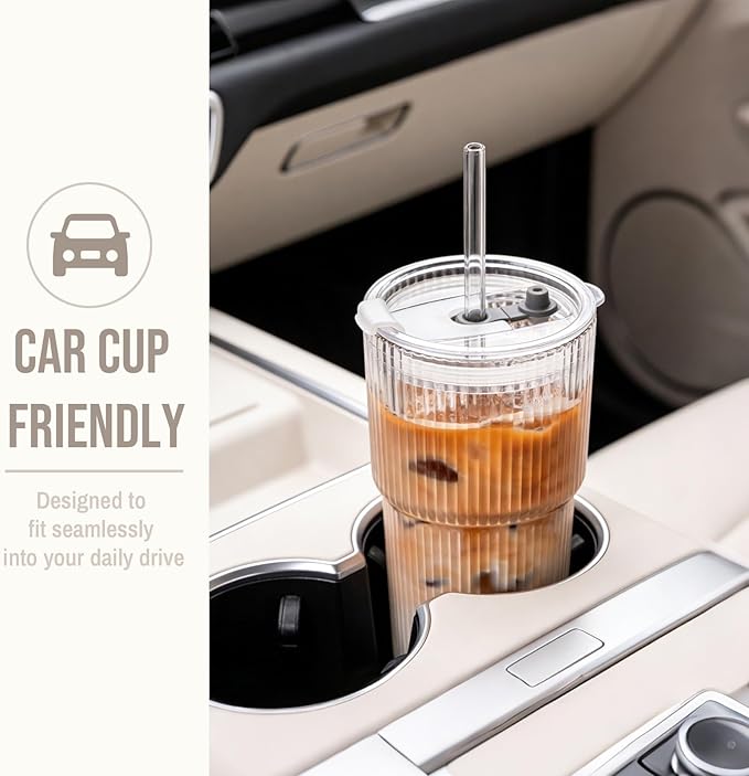 SoulTimes 20oz Glass Cups with Lids and Straws, Ribbed Glass Tumbler for Iced Coffee, Smoothie, Juice & Cold Drinks, Reusable Thick Glassware Set, Elegant Home & Travel Drinkware【4 Pack】