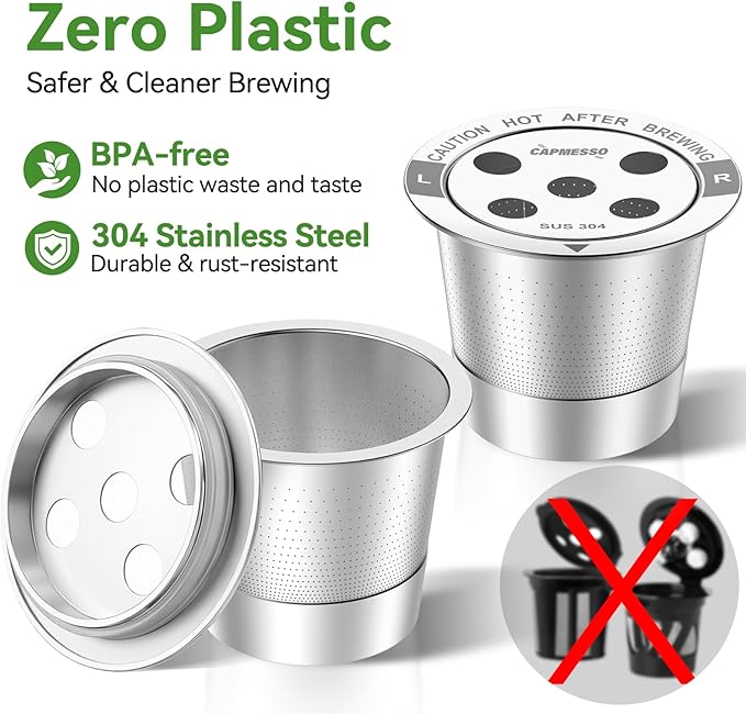 CAPMESSO Reusable K Cups for Keurig: 2026 Updated All Stainless Steel Coffee Pods with 5 Holes for Keurig K Supreme, K Slim, K Duo Gen 2 Multistream Coffee Maker with Scoop, Zero Plastic (4 Pack)