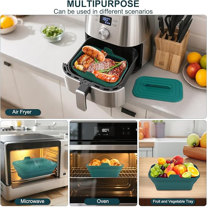 Silicone Air Fryer Liners Collapsible, 8.2 Inch Reusable Air Fryer Liners With lid-Long-lasting Freshness - Easy to Clean Air Fryers Pot for 5.8 to 8 Qt Baking Tray Oven Accessories, Green