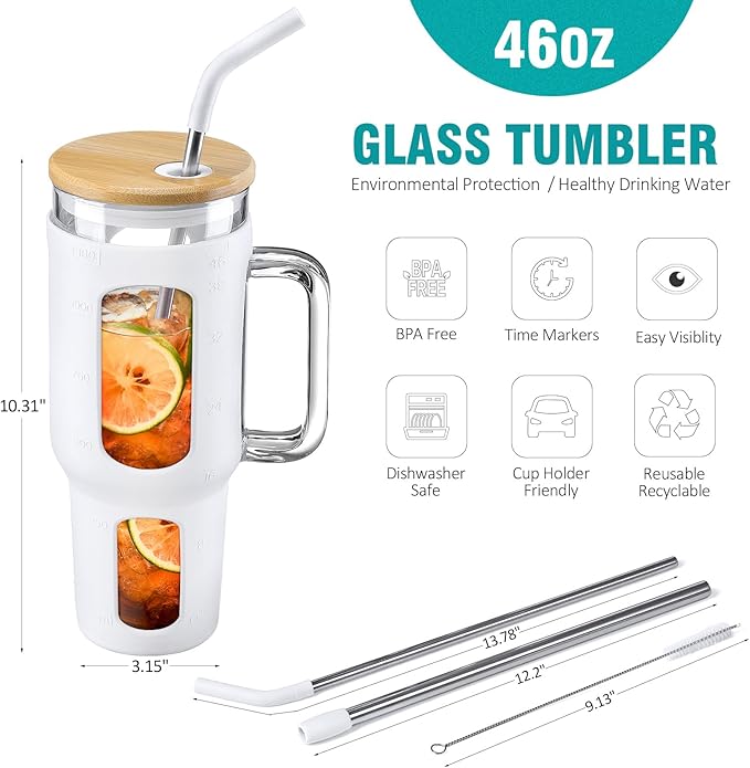 WINSA Glass Tumbler with Lid and Straw, 46 oz Iced Coffee Cup with Handle, Large Water Bottles with Silicone Sleeve, Glass Cup with Straws - Pearl Straw & Drinking Straw BPA Free-White