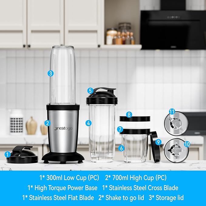 Compact Personal Blender for Smoothies & Shakes, 2-in-1 Bullet Blender and Grinder with 11-Piece Set, 2×24oz To-Go Cups + 10oz Grinding Cup, Ice Crushing, BPA-Free, Dishwasher Safe,Ideal Gift