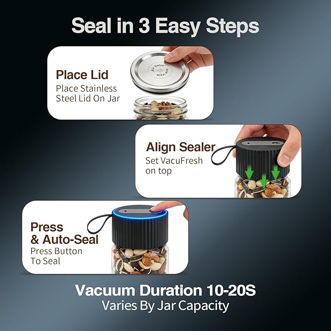 Electric Mason Jar Vacuum Sealer kit 3-in-1 Portable Vacuum Sealing for Jars Lids, Bags & Containers | Ideal for Fresh Produce, Dry Foods, Meats & Meal Prep (Black)
