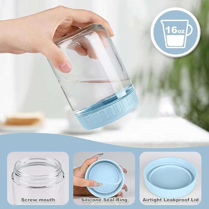 SHOWIN Overnight Oats Containers with Lids, 16oz Glass Jars with Lids 8 pcs, Light Blue, Wide Mouth Mason jars for Salad, Yogurt, Snacks, Meal Prep