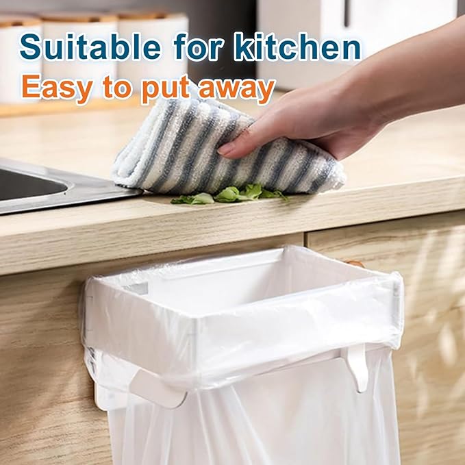 2Pcs Foldable Trash Bag Holder, No Drill Adhesive Hanging Rack for Kitchen Cabinets/Doors, Space-Saving Collapsible Plastic Waste Bag Hanger