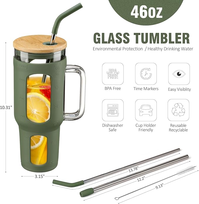 WINSA Glass Tumbler with Lid and Straw, 46 oz Iced Coffee Cup with Handle, Large Water Bottles with Silicone Sleeve, Glass Cup with Straws - Pearl Straw & Drinking Straw BPA Free-Olive