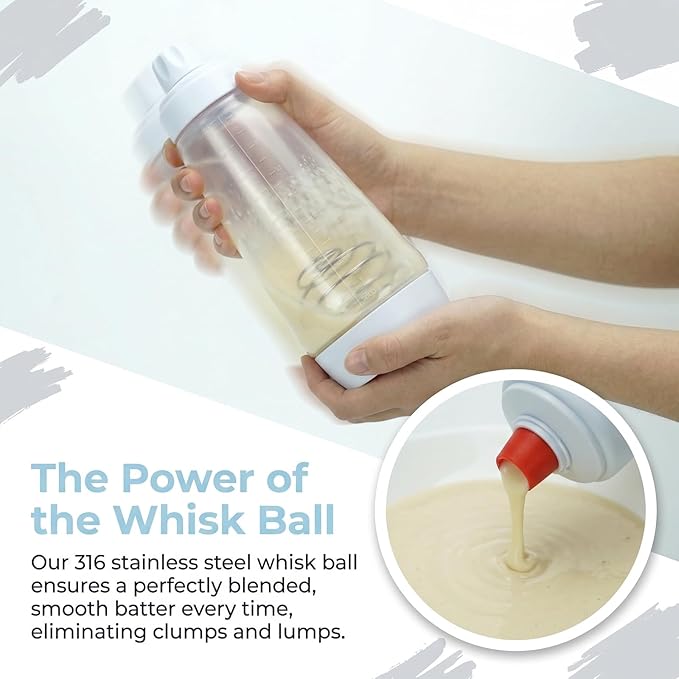 Pancake Batter Dispenser with BlenderBall & Wire Whisk – Includes Silicone Spatula & Cleaning Brush –Can shake Protein Powder, Perfect for Pancakes, Waffles, Crepes & More Kitchen Baking Tool 2 Pack