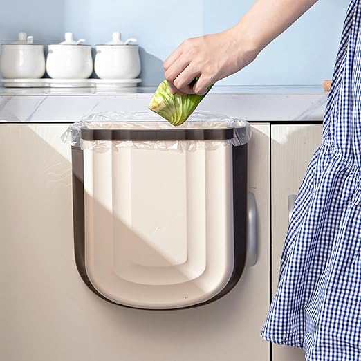 Small Foldable Hanging Kitchen Trash Can, Plastic Waste Bin for Cabinet, Wall Mounted 2.4 Gallon Wastebasket for Bathroom, Bedroom