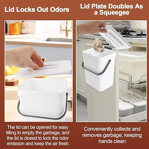 1.3 Gallon/5L Kitchen Compost Bin, Suitable for Countertops or Under Sink, Hanging Hook Trash Can with Lid, Ideal for Cabinets/Bathrooms/Bedrooms/Offices/Camping(White)