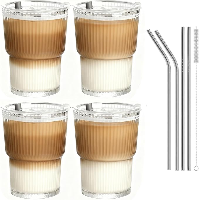 13oz Glass Cups with Lid and Straw,Iced Tumbler Coffee Cup,Reusable Clear Glass Cups for Water,Iced Tea,Juice,To Go Coffee(4pcs)