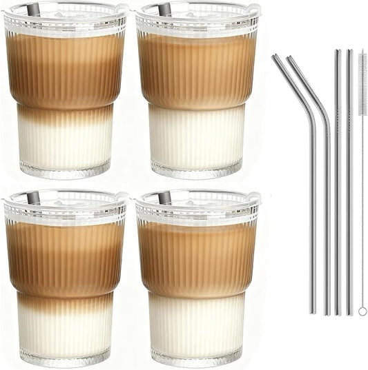 13oz Glass Cups with Lid and Straw,Iced Tumbler Coffee Cup,Reusable Clear Glass Cups for Water,Iced Tea,Juice,To Go Coffee(4pcs)