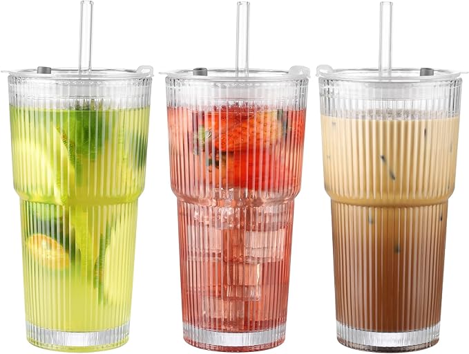 CWHHRN 20 oz Glass Cup with Lid and Straw, Glass Tumbler with Straw and Lid, Vintage Glassware for Whiskey Cocktail Beer, Iced Coffee Cups with Lid (3 PACK)