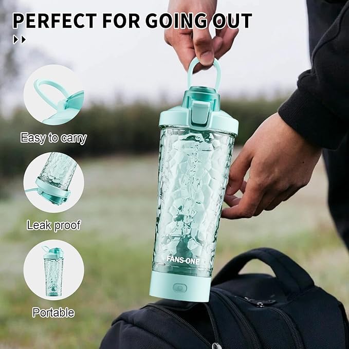 FANS-ONE Electric Shaker Bottle, 24oz Lockable Blender Cup Electric Protein Shaker Bottles, Tritan USB C Rechargeable Mixer, Portable Shaker Cups for Protein Shakes for Men Women, Water Blue
