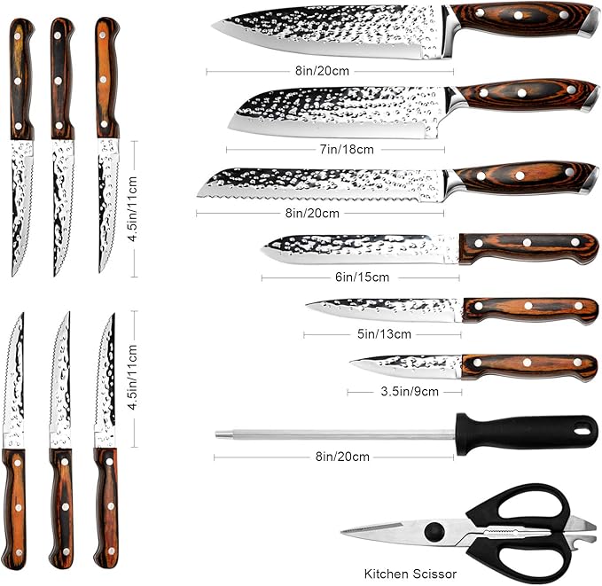 Kitchen Knife Set,15-Piece Knife Set With Block Wooden,Self Sharpening For Chef Knife Set,High Carbon Japan Stainless Steel Hammered Collection Knife Block Set with Steak Knives, Boxed Knife Set