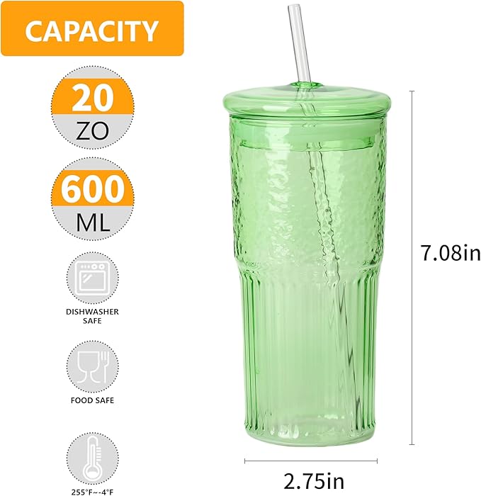 QWEZXO 20 OZ Glass Cup with Lids and Glass Straws, High Borosilicate Iced Coffee Glass Tumblers with Lid and Straw for Drinks, 2pcs Reusable Wide Mouth Smoothie Cup(Green)
