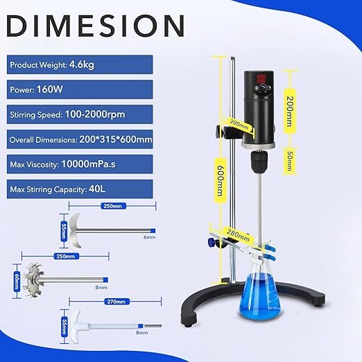 Electric Overhead Stirrer Max.40L 160W 100-2000RPM 10000mPa.s LCD Digital Lab Mixer Time and Speed Adjustable Equipped with Three Different Types of Mixing rods for Various uses