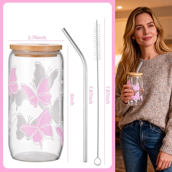 ANABIUP Butterfly Cute Glass Cups with Lids and Straws, Aesthetic Iced Coffee Cup, Girly Preppy Design Tumbler Mug, Birthday, Valentines, Teen Girl Gifts Trendy Stuff