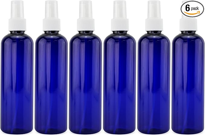Cornucopia Brands 8oz Blue Plastic Spray Bottles with White Fine Mist Atomizers (Pack of 6) for DIY Home Cleaning, Aromatherapy, Beauty Care