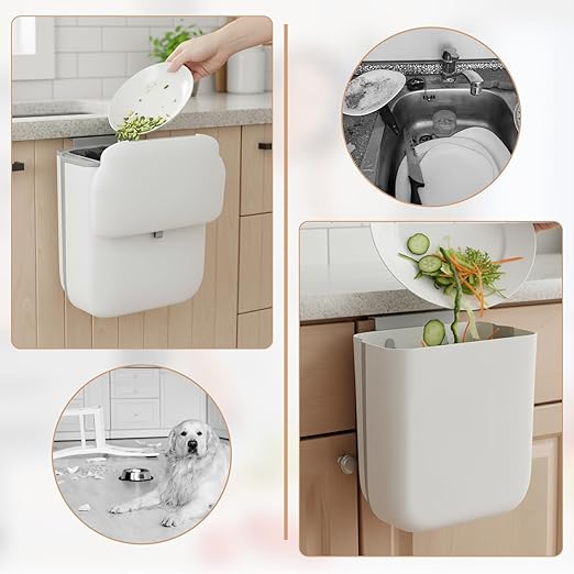 1 Pcs Foldable Hanging Trash Can, 2.6 Gallon Wall Mounted Kitchen Waste Bin with Lid Foldable Plastic Waste Bin Expandable Hanging Trash Can for Kitchen, Bathroom, Cabinet (White, Grey)