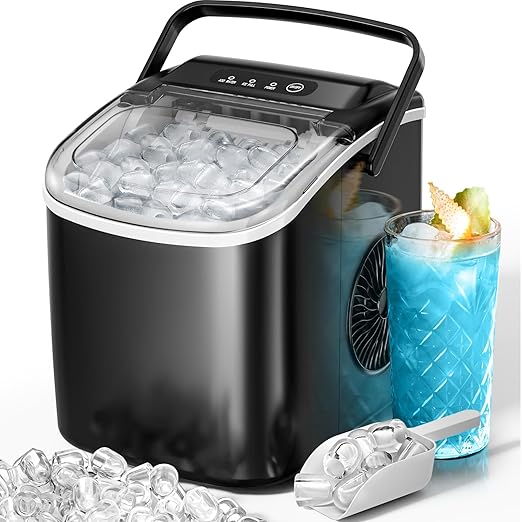 Kismile Countertop Ice Maker with Handle, 26Lbs/Day, 9 Ice Cubes in 6 Mins, Self-Cleaning Portable Ice Machine for Home, Kitchen & Office (Black)
