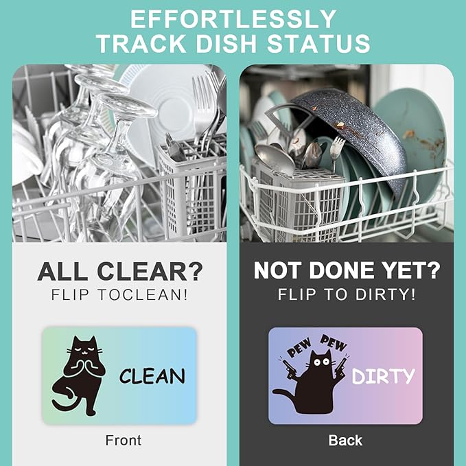 Funny Black Cat Clean Dirty Dishwasher Magnet - Cute Refrigerator Kitchen Magnet, Non-Scratch Strong Double Sided Washing Machine Sign, Housewarming Gifts for Cat Lovers, Home Apartment Essentials (Macron Color)